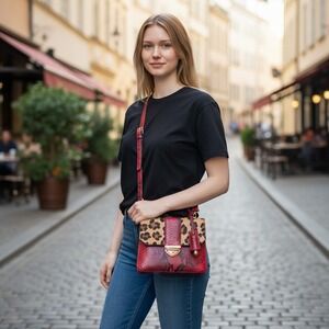 Red Snakeskin and Leopard Calf Hair Crossbody Satchel Bag with Gold Hardware